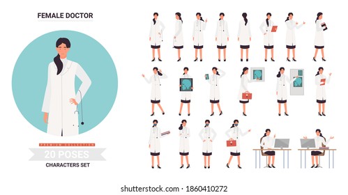 Doctor or nurse female character poses vector illustration set. Cartoon doctor medical professional staff with stethoscope and emergency bag posing in work, medicine profession poses isolated on white