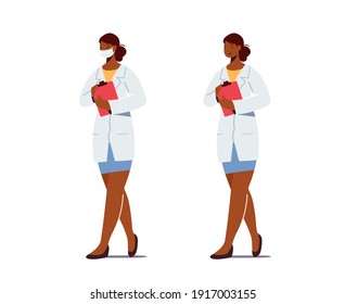 Doctor or Nurse Female Physician Characters Wearing White Robe Medical Mask, holding a Clip Board. Clinic, Hospital Healthcare Staff at Work. Medicine Occupation, Profession. Cartoon Vector Illustration