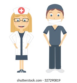 Doctor and Nurse in flat design. Vector illustration of a cute doctors