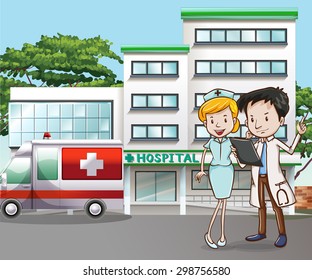Doctor and nurse in front of the hospital