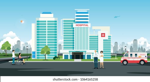 Doctor And Nurse In Front Of Hospital With Ambulance