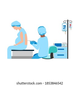 The doctor and nurse give an epidural in the operating room. Surgery. Obstetrics and gynecology. Thanks to the doctors and nurses. Vector illustrations on a white background.