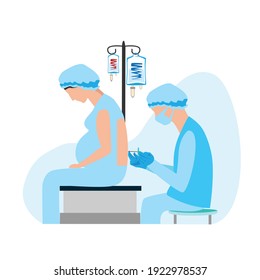 The doctor and nurse give an epidural in the operating room. Surgery. Obstetrics and gynecology. Thanks to the doctors and nurses. Vector template illustration.