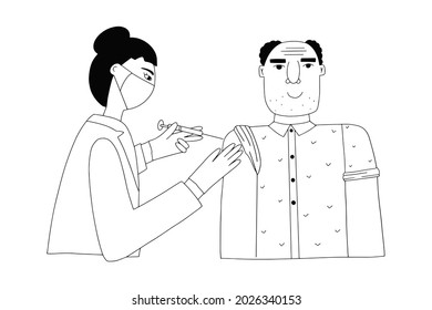 A doctor or nurse gives a flu or COVID-19 injection to a patient. Coronavirus infection vaccination concept. A man wearing a medical mask gets the antiviral vaccine with a syringe.