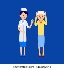 Doctor or nurse gives pill to an elderly woman with headache. Elderly patient has grasped her head with her hands, doctor offers sick medicine. Illustration isolated on white background. Flat style.
