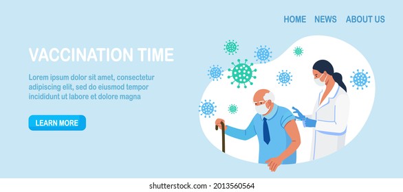 Doctor, nurse giving a coronavirus vaccine to elderly man. Old people vaccination for immunity health for covid-19. Immunization of adults. Vector illustration