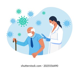 Doctor, nurse giving a coronavirus vaccine to elderly man. Old people vaccination for immunity health for covid-19. Immunization of adults. Vector illustration