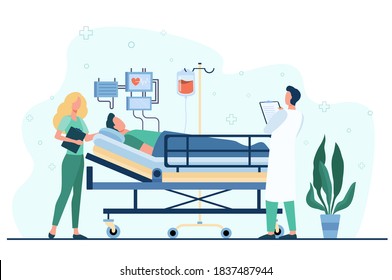 Doctor and nurse giving medical care to patient in bed isolated flat vector illustration. Cartoon medicine specialists giving support for man. Intensive therapy and healthcare concept