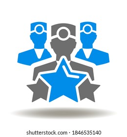 Doctor nurse group with stars icon vector. Patient satisfaction symbol. Medical client quality health care service satisfied sign.