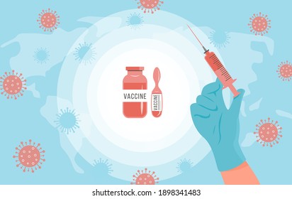 Doctor or Nurse hand in latex glove holding Syringe. Vaccine bottle and ampoule vial in centre on blue world map with bacterias. Concept of Global Covid 19 Vaccination or medical injection. Vector.