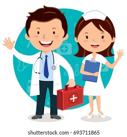 Doctor and Nurse. Doctor holding first aid box. 