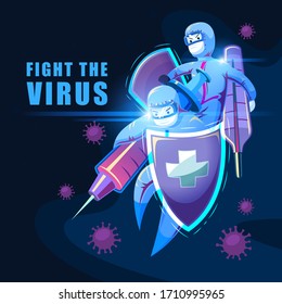 Doctor and nurse holding medical equipment in fully PPE suit fight against virus to stop pandemic, Vector illustration