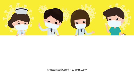 Doctor And Nurse Holding Sign Board Flat Your Text Here Stay At Home Or Social Distancing To Prevent Covid 19, Can Use For, Landing Page, Template, Ui, Web, Homepage, Copy Space Poster Vector