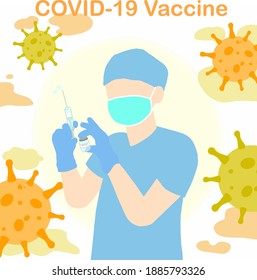 Doctor or nurse holding syringe to fight COVID-19. Covid 19 Corona virus with vaccine vaccination treatment injection flat hand drawn cartoon concept icon background illustration.