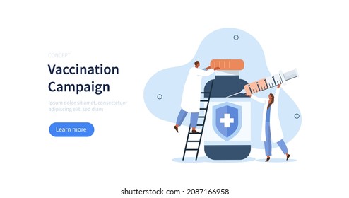 Doctor and nurse holding syringe and preparing vaccine for vaccination campaign. Fight against virus concept. Vector illustration.