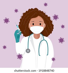Doctor nurse holding a syringe surrounded by viruses. Kids immunization. Covid19 immunization. Covid-19 corona virus vaccination. Coronavirus. Vaccination concept vector background. Flat illustration.