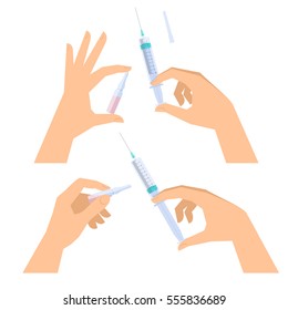 Doctor, nurse is holding syringes and ampoules in his hand to inject vaccine. Medicine, science and health care flat concept illustration of hands with medical, clinic and laboratory injection tools. 