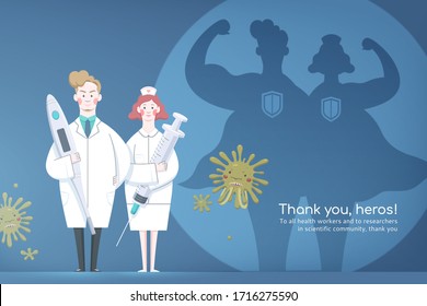 Doctor and nurse holding thermometer and syringe with superhero shadows behind them, thank you poster for all the hardworking medical workers