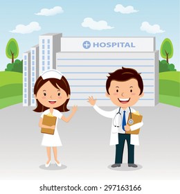 Doctor and nurse at hospital. Doctor and nurse gesturing in front of a hospital.