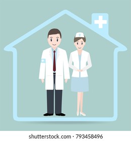 Doctor and Nurse and hospital icon. Nursing home icon. Medical care concept