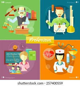 Doctor, nurse, hospital doctor, nurse jobs. Pretty teacher with a pointer. Man in court. Lawyer icons concept. architect constructor at his work place with tools. Concept in flat design