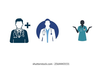 doctor and nurse hospital worker icon silhouettes, on white background.