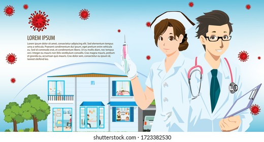 doctor and nurse with house in background with copy space for your text and design. Medical healthcare business and doctor service. stayhome for safty. flat vector.