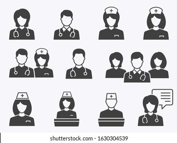 Doctor and Nurse icon set. Black vector illustrations isolated on white.