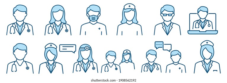 Doctor and Nurse icon set in line style. medical personnel on white background, vector illustration	