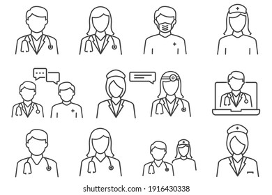 Doctor and Nurse icon set in line style. medical personnel on white background, vector illustration	