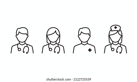 Juego de iconos de médico y enfermera. Conjunto de ilustraciones en blanco y negro modificables aisladas por vector