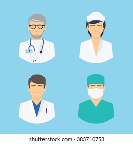 Doctor and nurse icons. Medical staff colorful flat avatars on light blue background. Vector illustration