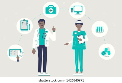 Doctor and nurse inform about services vector illustration