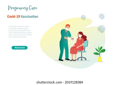 Doctor, nurse injecting covid-19 vaccine to pregnant woman. Medical health care and physical distancing for pregnancy concept.