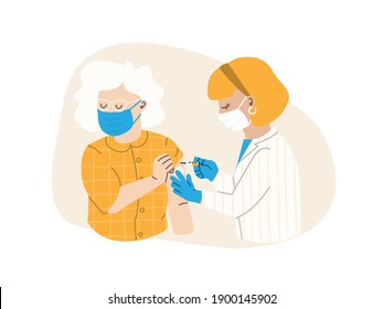 The doctor or nurse injects the vaccine. The patient is an elderly woman. Flu vaccination concept, сoronavirus vaccine. Vector flat illustration EPS 10.