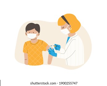 Doctor or nurse injects vaccine. Patient is a child or teenager, boy. Flu vaccination concept. Coronavirus vaccine. Vector flat illustration EPS 10.