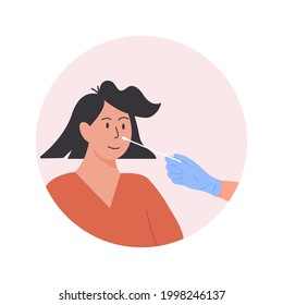 A doctor or nurse in latex gloves takes nasal swab laboratory sample from female patient. Covid-19 PCR test. Woman doing Coronavirus testing. Vector Illustration in flat style.