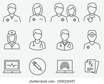 Doctor and Nurse line icons set. Vector illustration on a white background. 