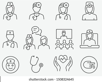 Doctor and Nurse line icons set. Vector illustration on a white background. Editable stroke.