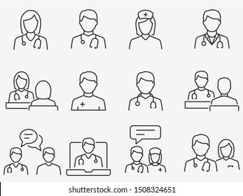 Набор иконок линии доктора и медсестры. Векторная иллюстрация на белом фоне. Редактируемый обводка.