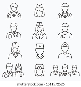 Doctor and Nurse line icons set. Vector illustration on a white background. Editable stroke.