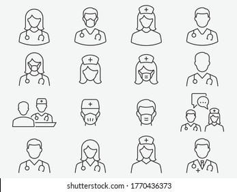 Doctor and Nurse line icons set. Vector illustration on a white background. Editable stroke.