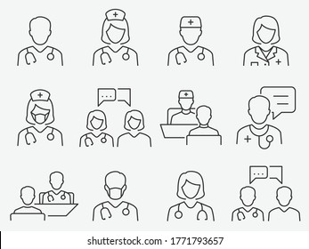 Doctor and Nurse line icons set. Vector illustration on a white background. Editable stroke.