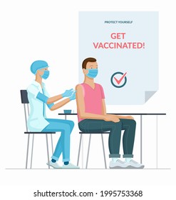 The doctor or nurse makes an injection of a vaccine to the patient. Anti coronavirus vaccination banner. A man in face mask is getting vaccinated against covid 19. Flat vector illustration