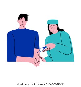 Doctor or nurse making vaccination injection in hand to young man