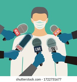 doctor or nurse male & face mask vector reports a corona virus isolated & talks to the microphones about coronavirus pandemic. paramedic speak a covid-19. reporters holding mic & blue sterile gloves 