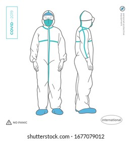 Doctor, nurse, a man in a full body protective suit. Personal protective equipment against viruses and pesticides. 2019 Novel Coronavirus. 2019-nCoV. Covid-19.