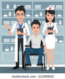Doctor, nurse and man on wheelchair. Vector illustration on the background of hospital ward. 