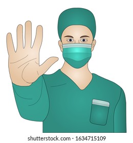 Doctor. Nurse in a mask and overalls. Vector illustration. Hand forward - stop viruses. Pandemic Covid19. Men on an isolated background. Idea for educational literature, web design. Medical theme. Aid