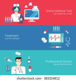 Doctor nurse medical care staff concept flat icons banners template set individual doc treatment pills online healthcare checkup test vector web illustration website infographics elements.